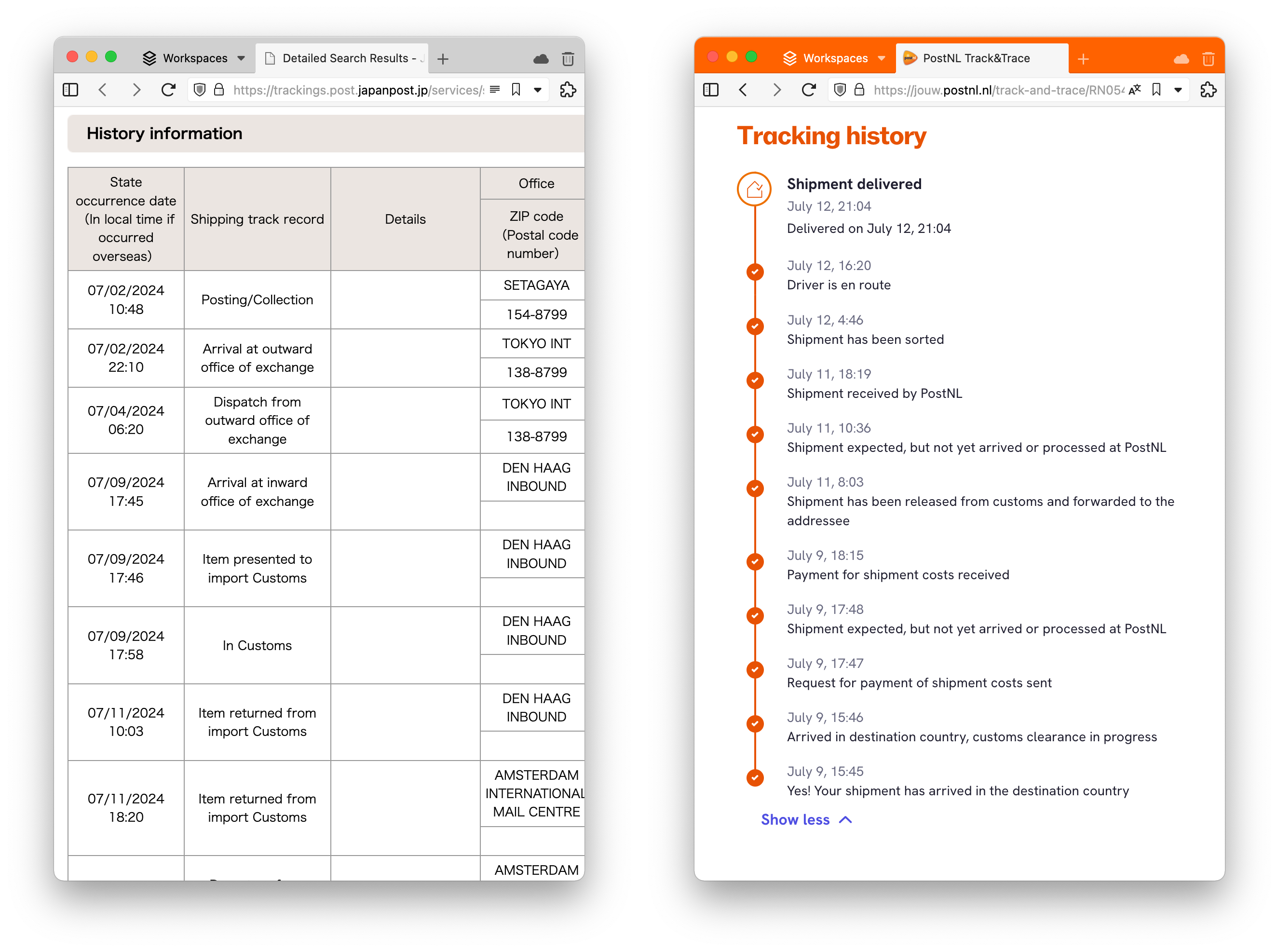 Screenshots of tracking pages from Japan Post and PostNL, showing timestamps with progress updates