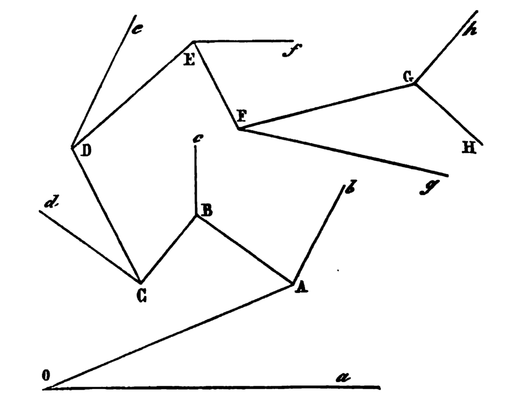 Diagram by Renouvier showing various possible histories as lines: events that actually happened versus events that did not happen